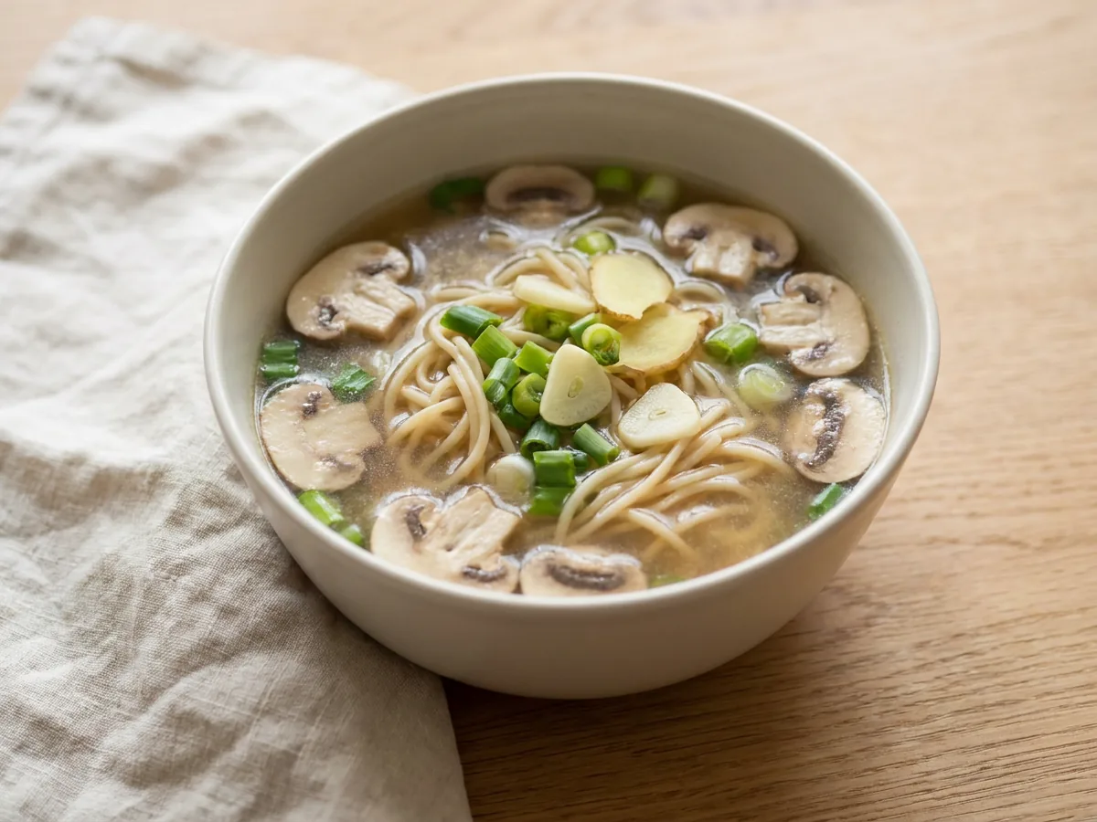 Symbolbild zum Rezept Asiatische Nudelsuppe: das fertige Gericht auf einem hellen Teller angerichtet