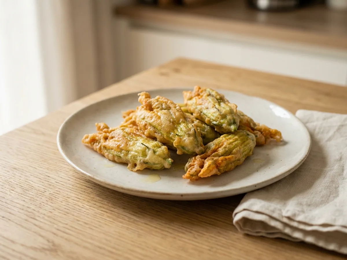 Symbolbild zum Rezept Ausgebackene Zucchiniblüten: das fertige Gericht auf einem hellen Teller angerichtet