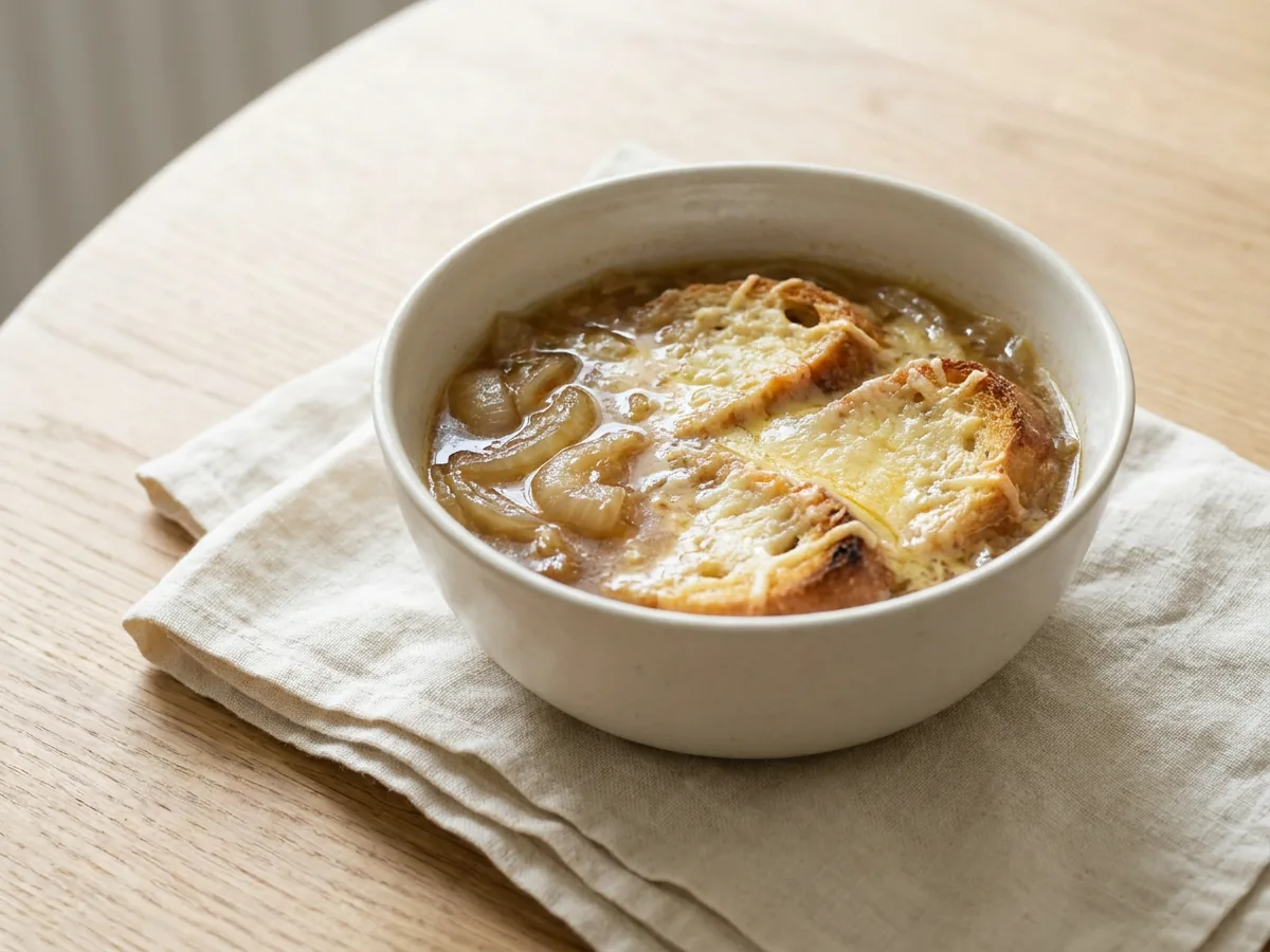 Symbolbild zum Rezept Belgische Zwiebelsuppe: das fertige Gericht auf einem hellen Teller angerichtet