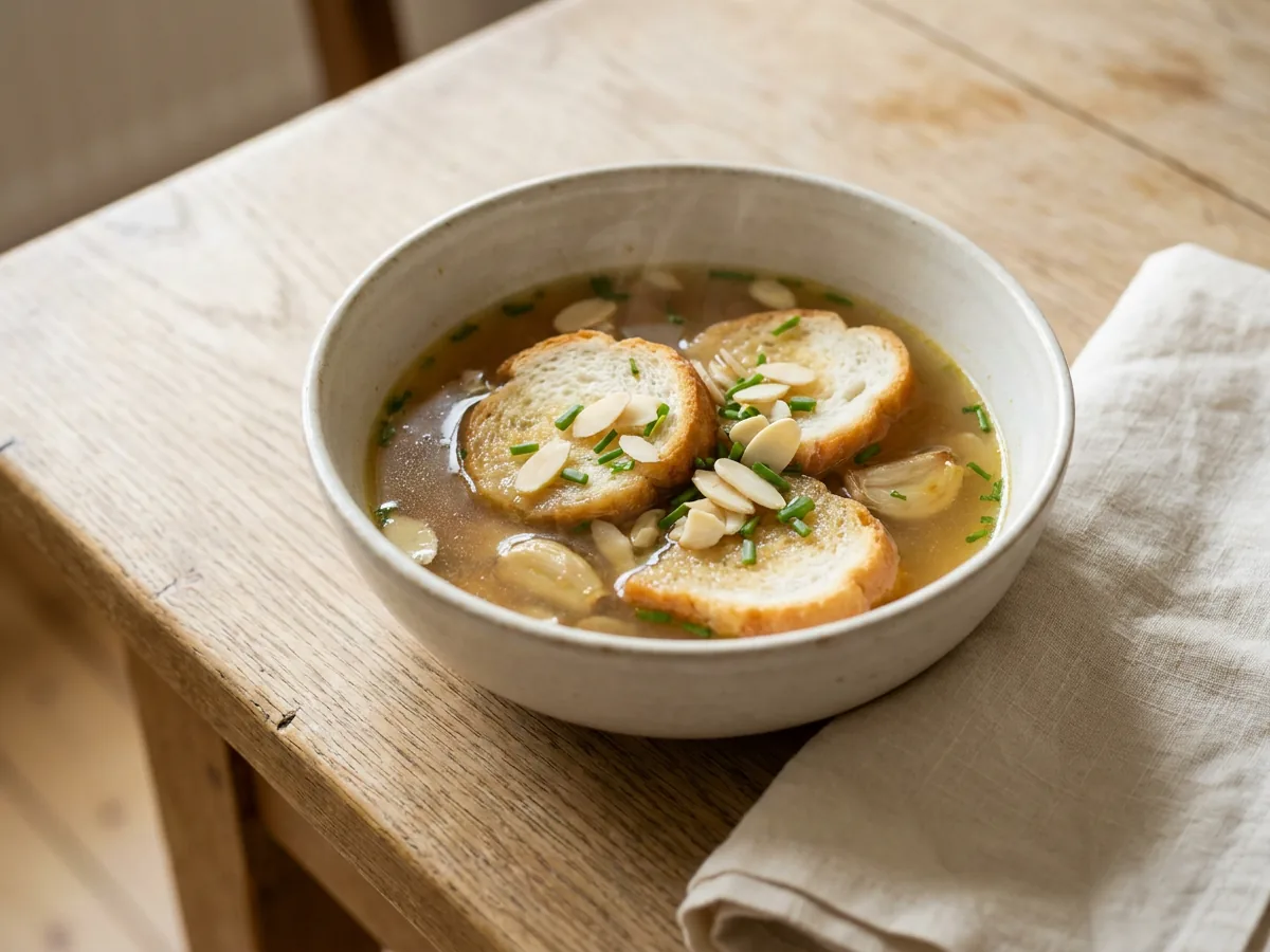 Symbolbild zum Rezept Böhmische Knoblauchsuppe: das fertige Gericht auf einem hellen Teller angerichtet