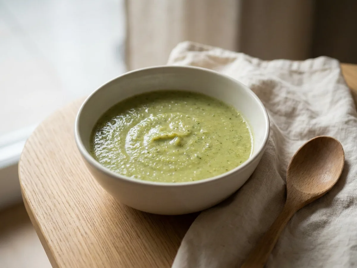 Symbolbild zum Rezept Brokkolisuppe: das fertige Gericht auf einem hellen Teller angerichtet