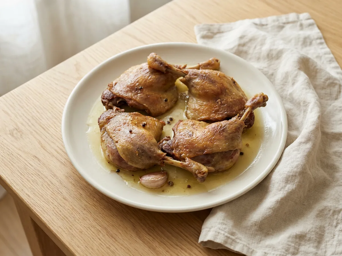Symbolbild zum Rezept Confit de canard: das fertige Gericht auf einem hellen Teller angerichtet