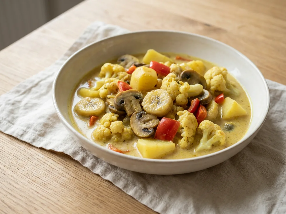 Symbolbild zum Rezept Curry-Gemüse: das fertige Gericht auf einem hellen Teller angerichtet