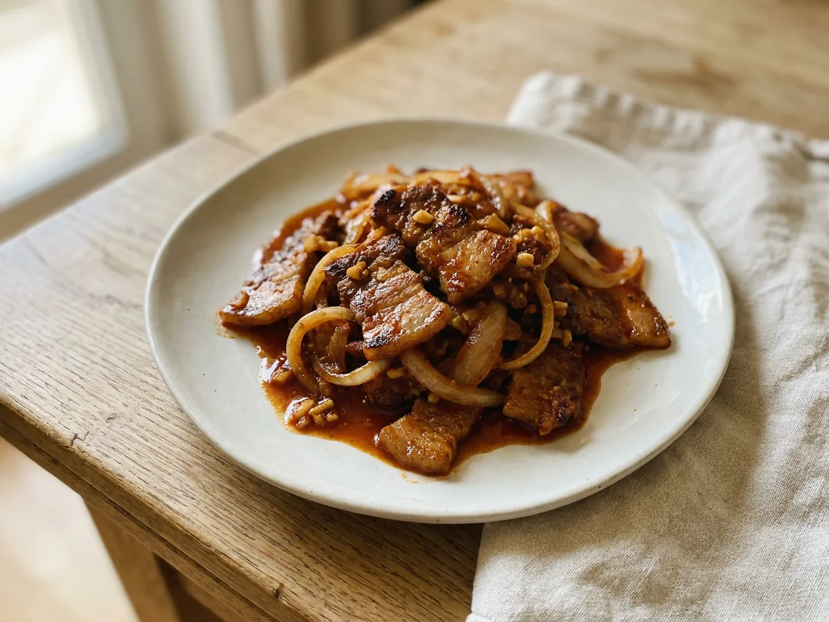 Symbolbild zum Rezept Daeji Bulgogi: das fertige Gericht auf einem hellen Teller angerichtet