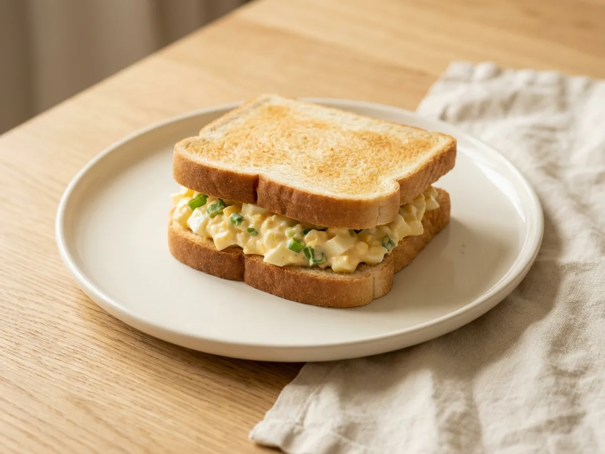 Symbolbild zum Rezept Ei-Sandwich: das fertige Gericht auf einem hellen Teller angerichtet
