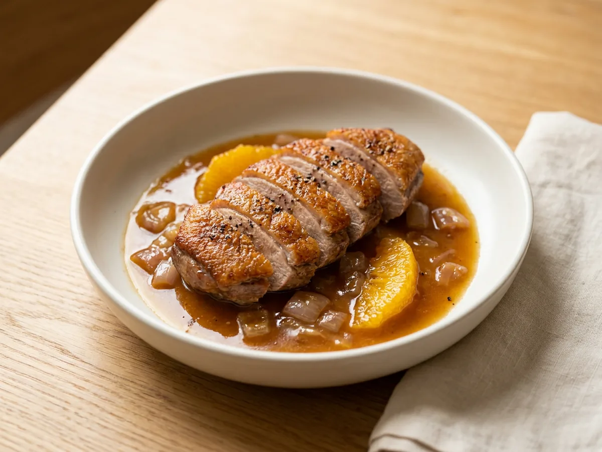 Symbolbild zum Rezept Entenbrust mit Orangensauce: das fertige Gericht auf einem hellen Teller angerichtet