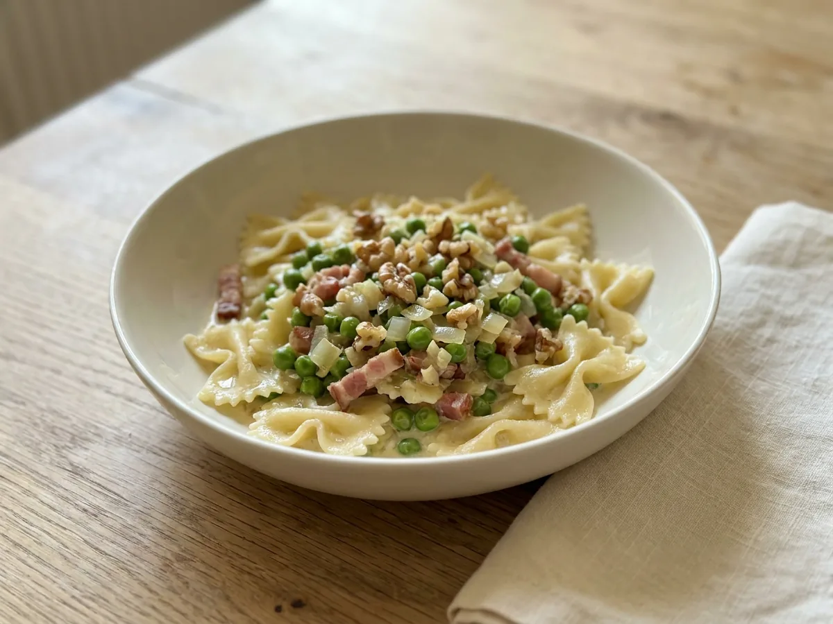 Symbolbild zum Rezept Farfalle mit Erbsenrahm: das fertige Gericht auf einem hellen Teller angerichtet