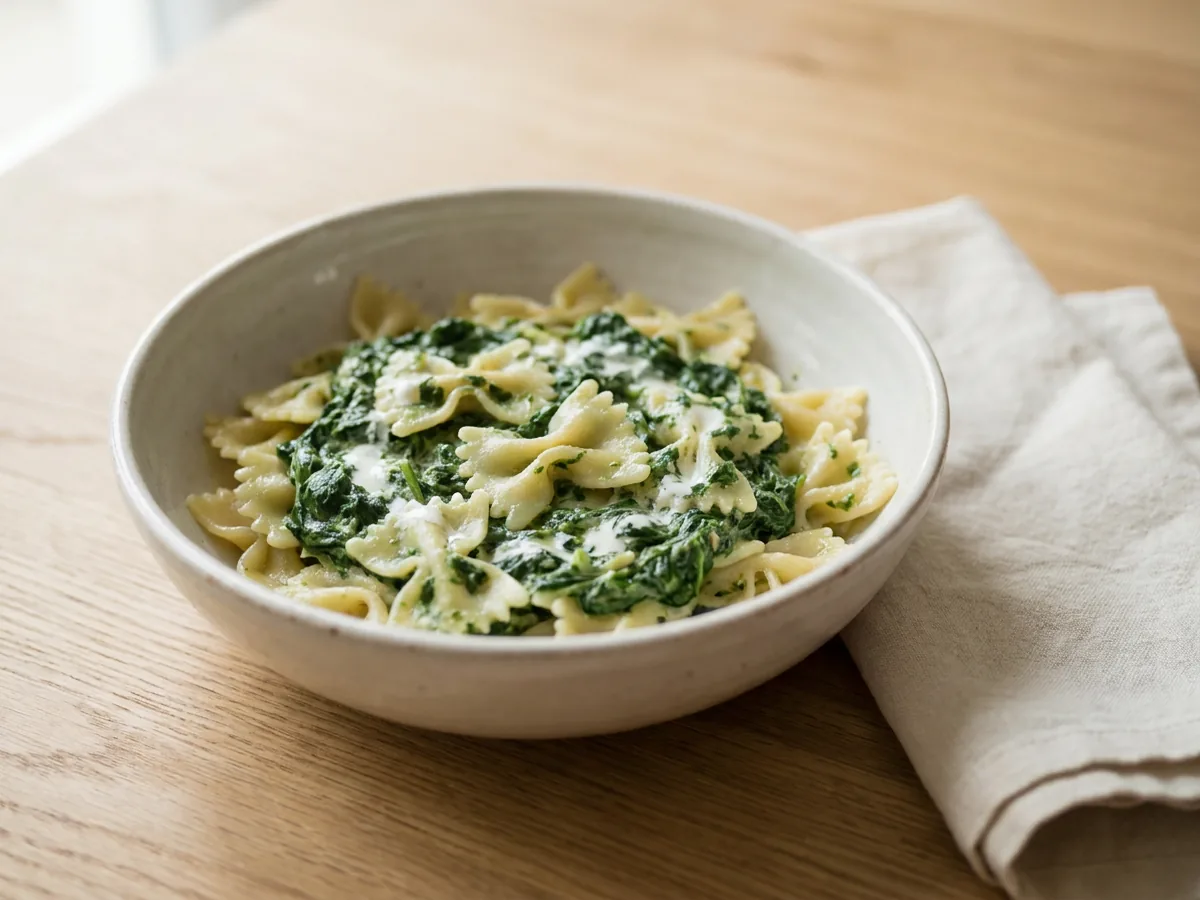 Symbolbild zum Rezept Farfalle mit Spinat: das fertige Gericht auf einem hellen Teller angerichtet
