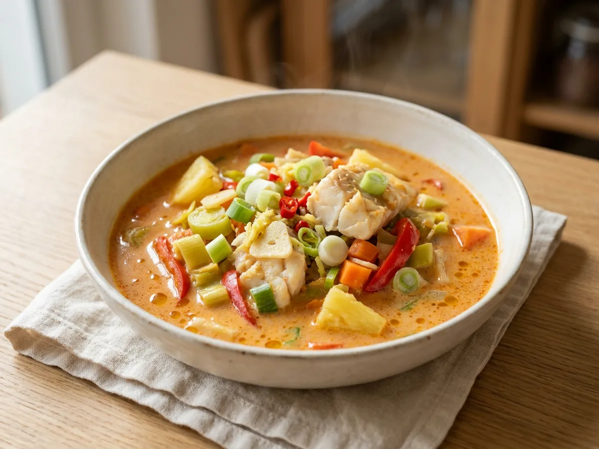 Symbolbild zum Rezept Fisch-Curry: das fertige Gericht auf einem hellen Teller angerichtet