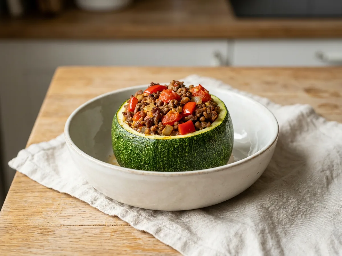 Symbolbild zum Rezept Gefüllte Zucchini: das fertige Gericht auf einem hellen Teller angerichtet