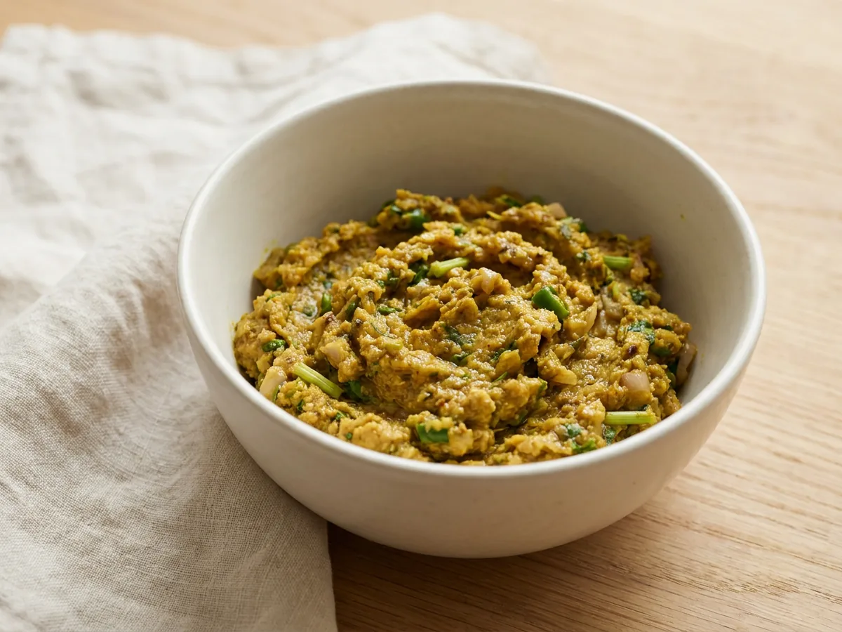 Symbolbild zum Rezept Gelbe Currypaste: das fertige Gericht auf einem hellen Teller angerichtet