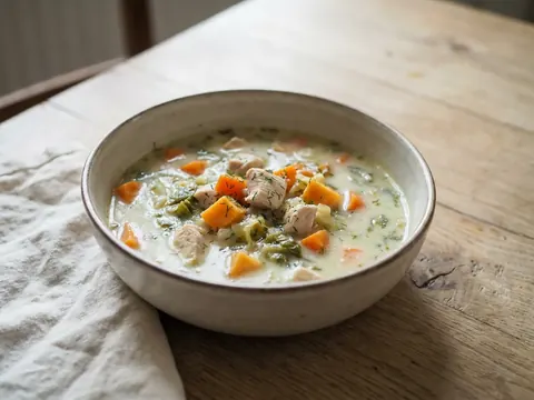 Gemüsesuppe mit Süßkartoffel und Huhn – Rezept