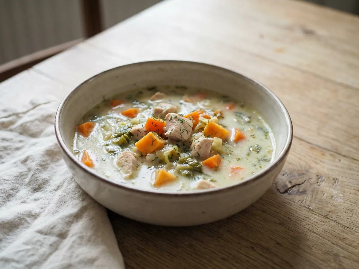 Symbolbild zum Rezept Gemüsesuppe mit Süßkartoffel und Huhn: das fertige Gericht auf einem hellen Teller angerichtet