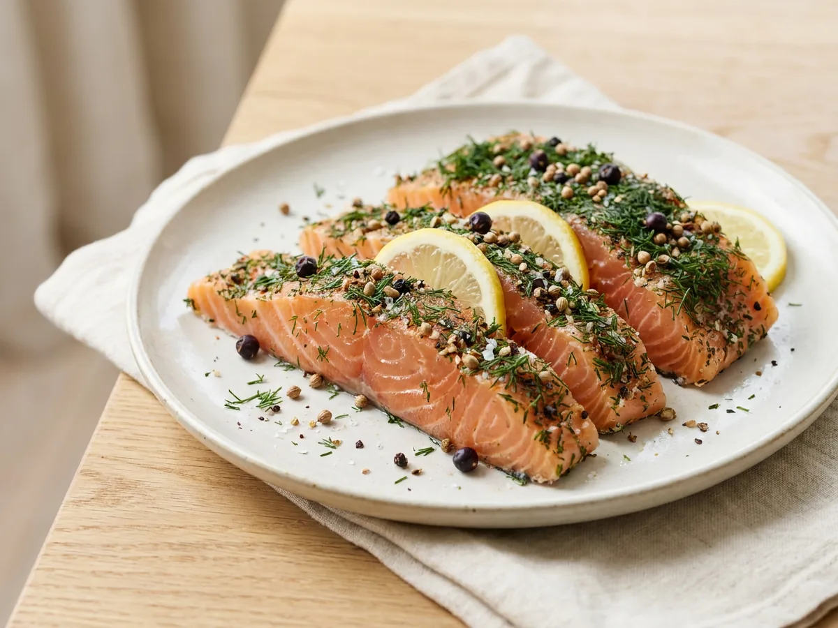 Symbolbild zum Rezept Graved Lachs: das fertige Gericht auf einem hellen Teller angerichtet