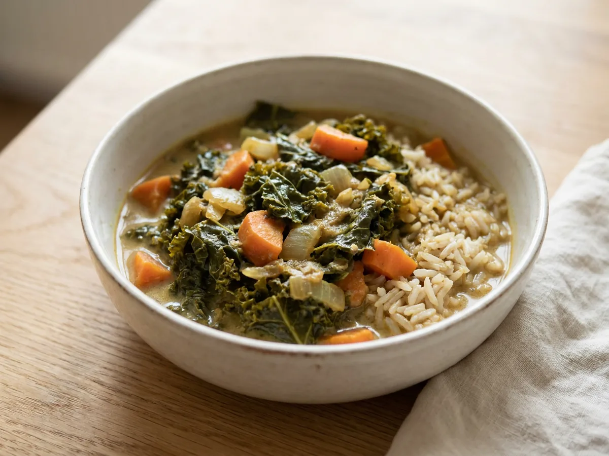 Symbolbild zum Rezept Grünkohlcurry mit Kokosmilch: das fertige Gericht auf einem hellen Teller angerichtet