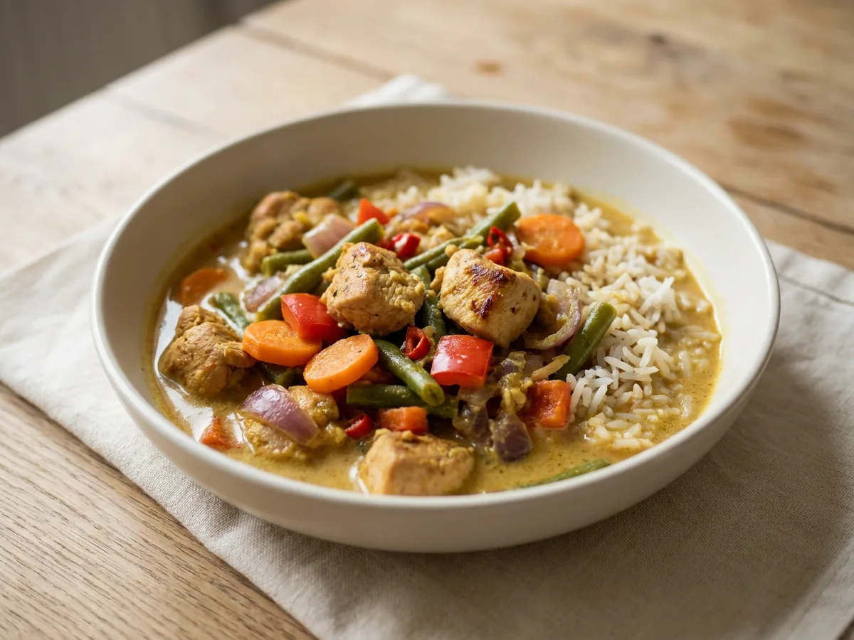 Symbolbild zum Rezept Hähnchen-Curry mit Bohnen: das fertige Gericht auf einem hellen Teller angerichtet