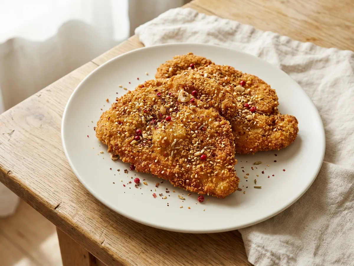 Symbolbild zum Rezept Hähnchenschnitzel exotisch: das fertige Gericht auf einem hellen Teller angerichtet