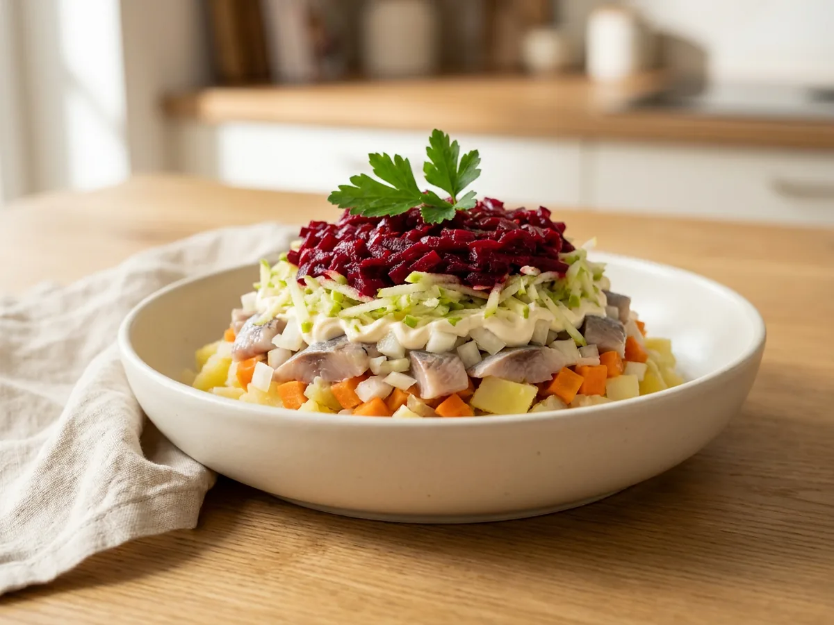 Symbolbild zum Rezept Hering unter dem Pelzmantel: das fertige Gericht auf einem hellen Teller angerichtet