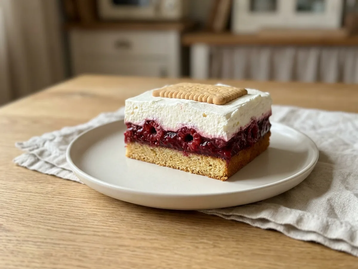 Symbolbild zum Rezept Himbeerschnitten: das fertige Gericht auf einem hellen Teller angerichtet