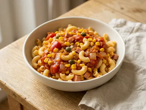 Hörnchennudeln mit Letcho und Mais – Rezept