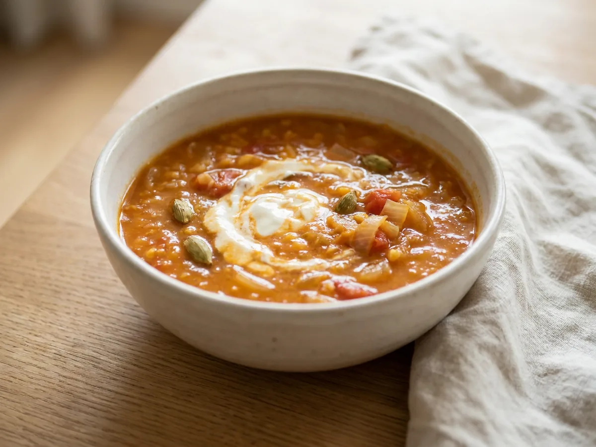 Symbolbild zum Rezept Indische Linsensuppe: das fertige Gericht auf einem hellen Teller angerichtet