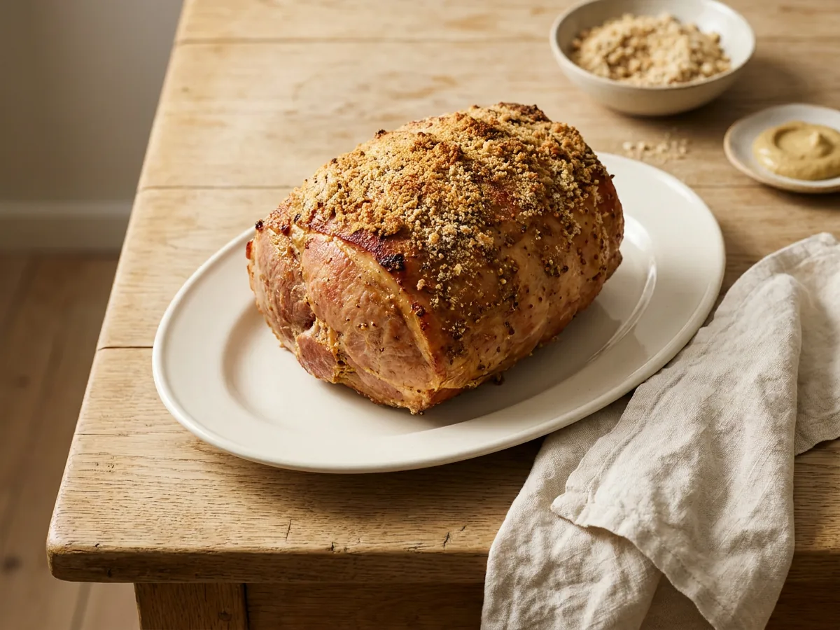 Symbolbild zum Rezept Julskinka - Schwedischer Weihnachtschinken: das fertige Gericht auf einem hellen Teller angerichtet