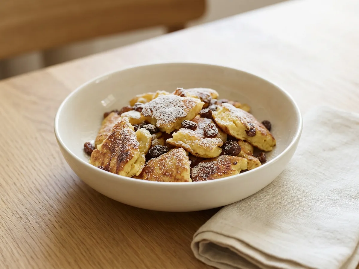 Symbolbild zum Rezept Kaiserschmarren: das fertige Gericht auf einem hellen Teller angerichtet