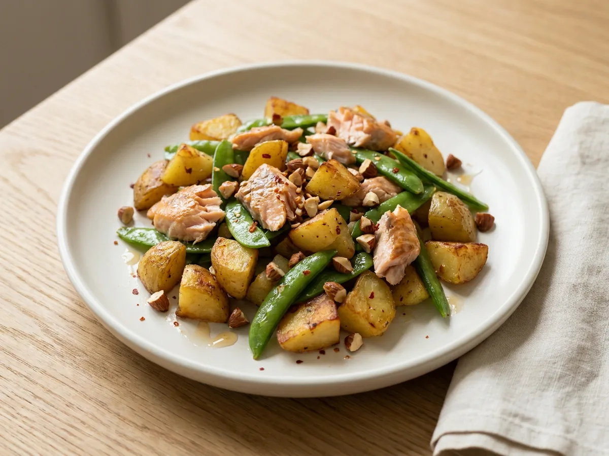 Symbolbild zum Rezept Kartoffelpfanne mit Forelle und Erbsenschoten: das fertige Gericht auf einem hellen Teller angerichtet