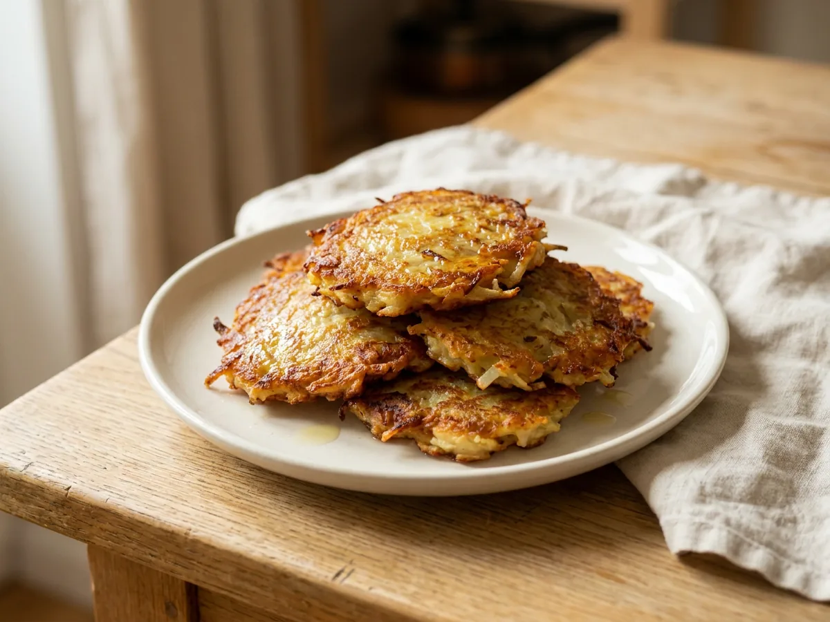 Symbolbild zum Rezept Kartoffelpuffer: das fertige Gericht auf einem hellen Teller angerichtet