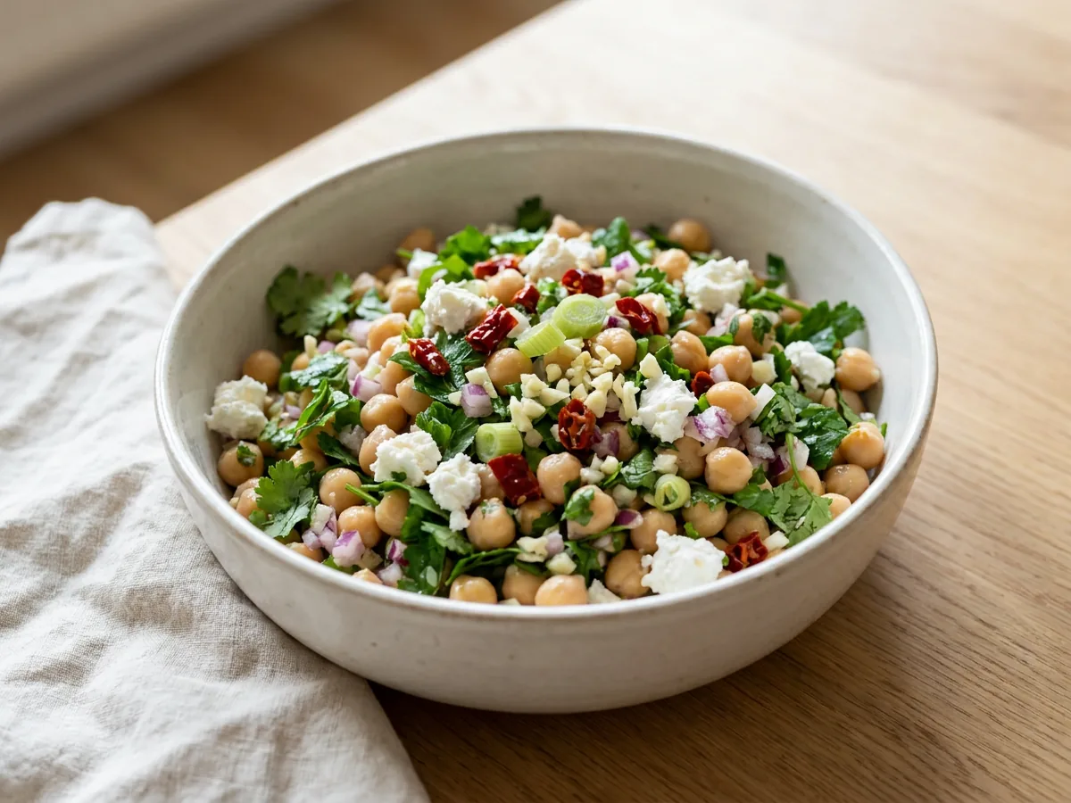 Symbolbild zum Rezept Kichererbsensalat: das fertige Gericht auf einem hellen Teller angerichtet