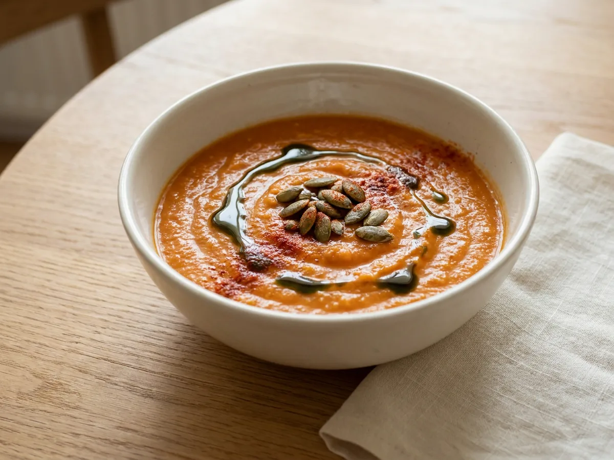 Symbolbild zum Rezept Kürbiscremesuppe: das fertige Gericht auf einem hellen Teller angerichtet