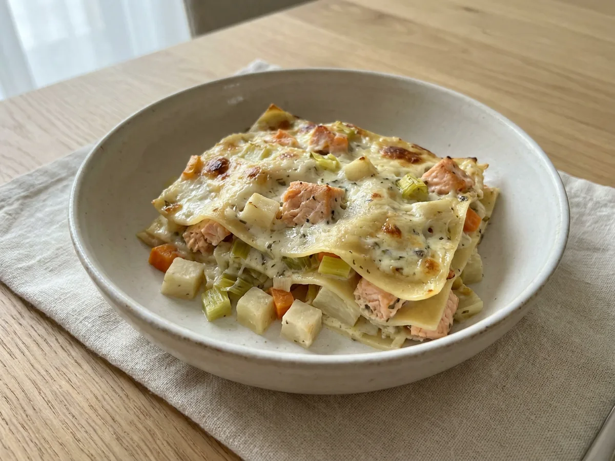 Symbolbild zum Rezept Lachslasagne: das fertige Gericht auf einem hellen Teller angerichtet