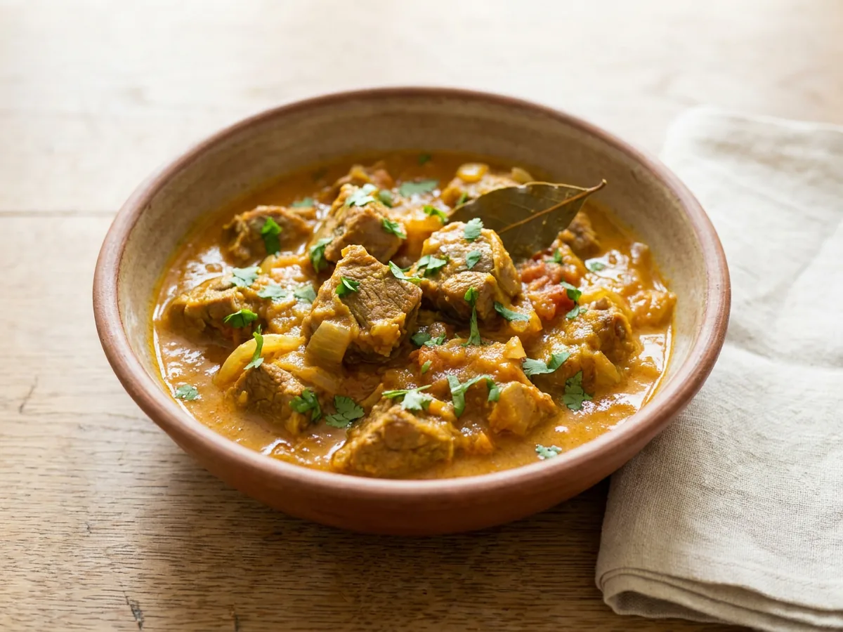 Symbolbild zum Rezept Lammcurry: das fertige Gericht auf einem hellen Teller angerichtet
