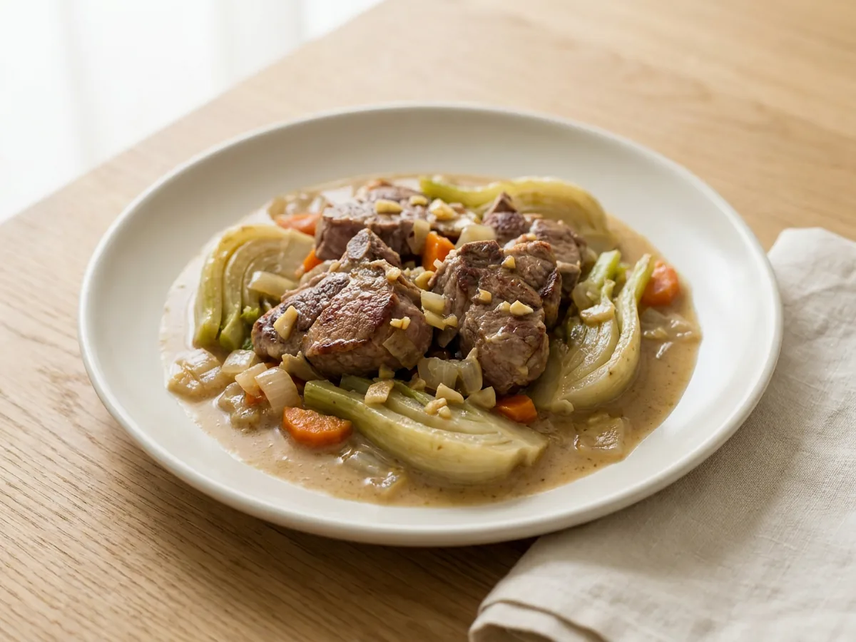 Symbolbild zum Rezept Lammlachs mit Fenchel: das fertige Gericht auf einem hellen Teller angerichtet