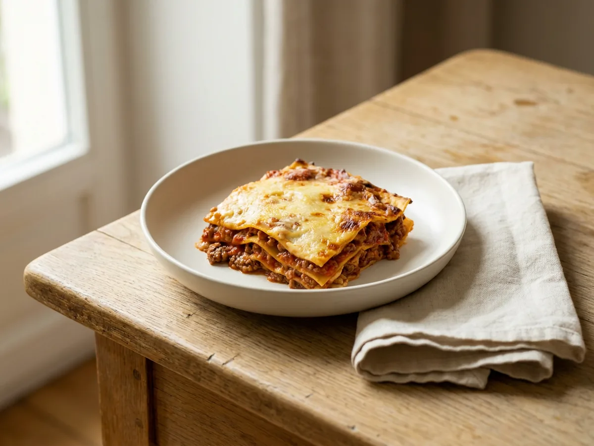 Symbolbild zum Rezept Lasagne Bolognese: das fertige Gericht auf einem hellen Teller angerichtet