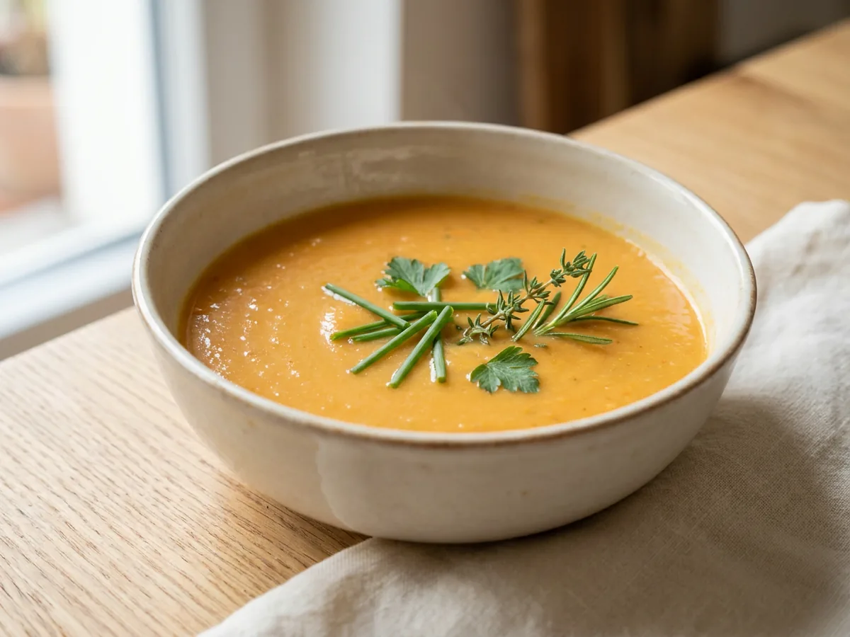 Symbolbild zum Rezept Möhrensuppe: das fertige Gericht auf einem hellen Teller angerichtet