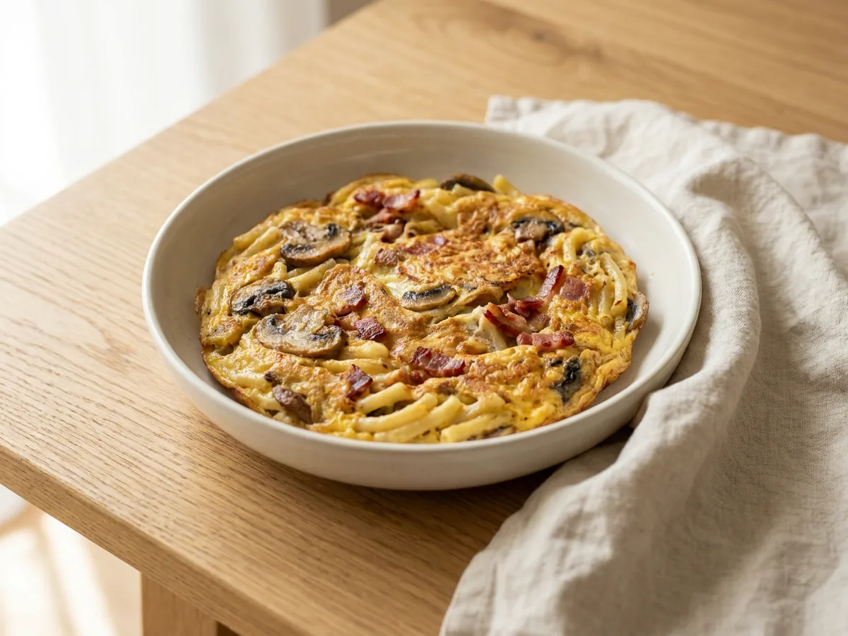 Symbolbild zum Rezept Nudelomelette: das fertige Gericht auf einem hellen Teller angerichtet