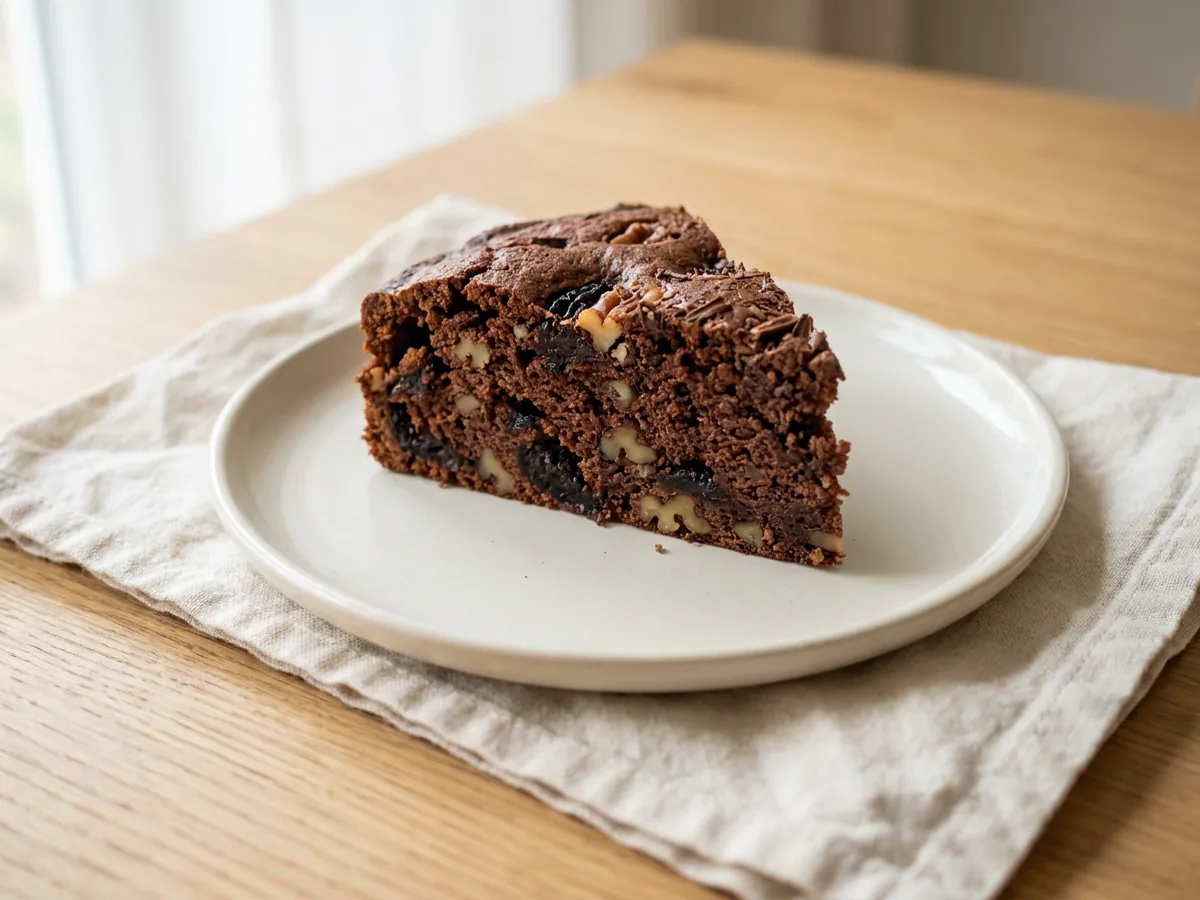 Symbolbild zum Rezept Nusskuchen mit Backpflaumen: das fertige Gericht auf einem hellen Teller angerichtet