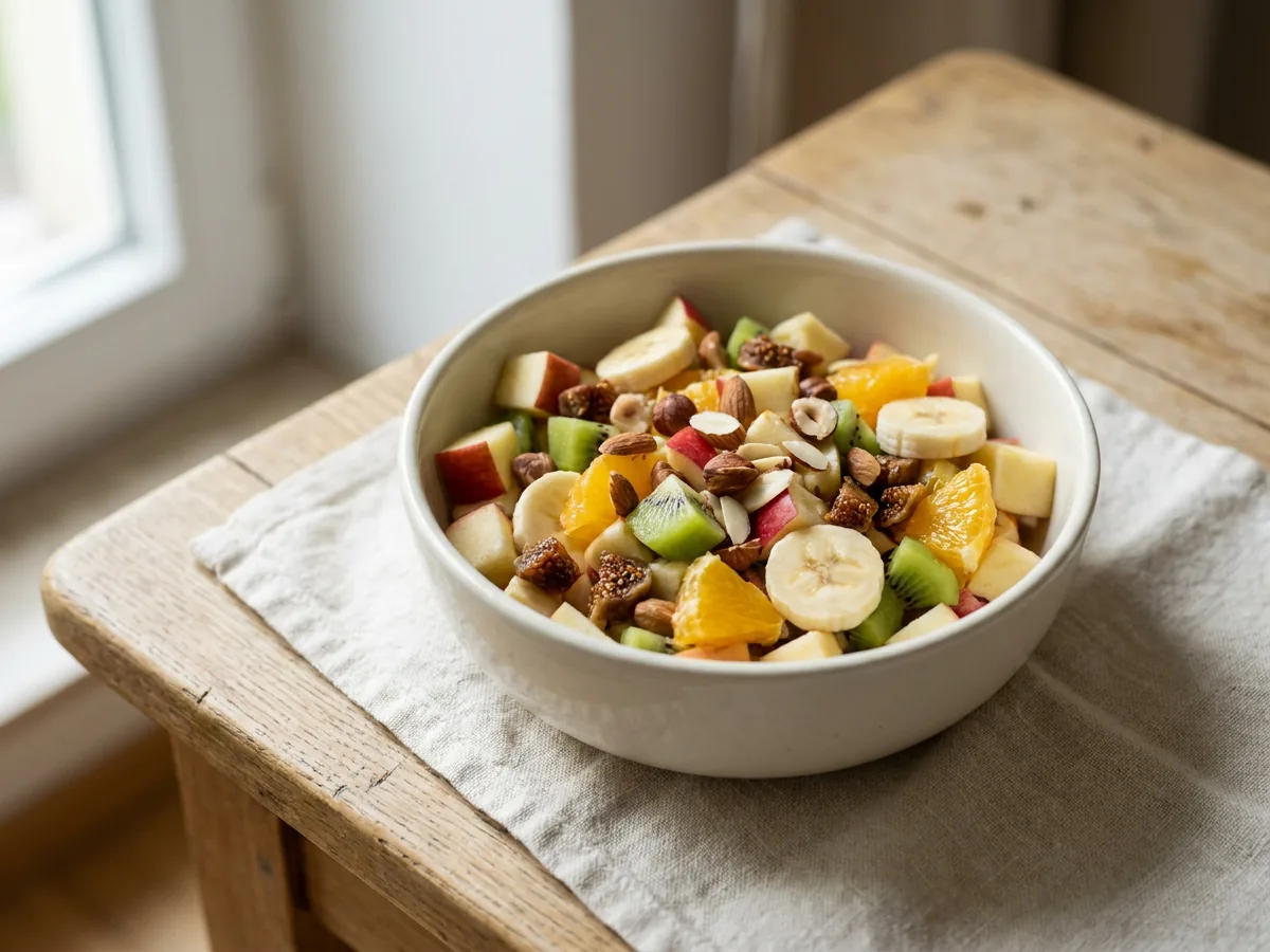 Symbolbild zum Rezept Obstsalat: das fertige Gericht auf einem hellen Teller angerichtet