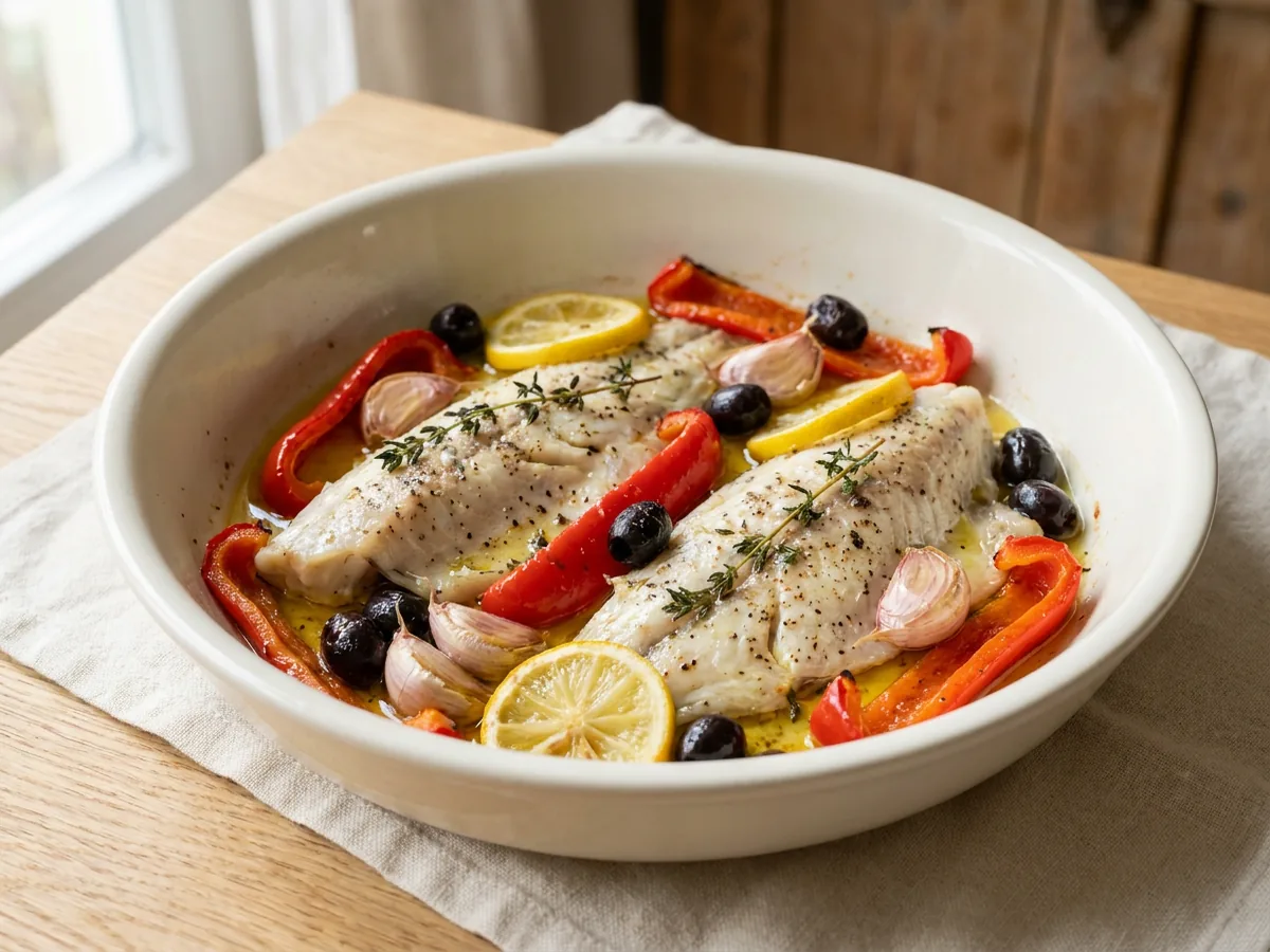 Symbolbild zum Rezept Ofenfisch: das fertige Gericht auf einem hellen Teller angerichtet
