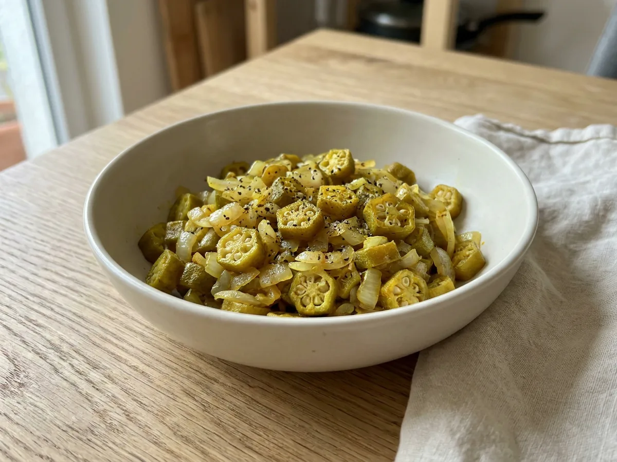 Symbolbild zum Rezept Okras mit Pfeffer: das fertige Gericht auf einem hellen Teller angerichtet