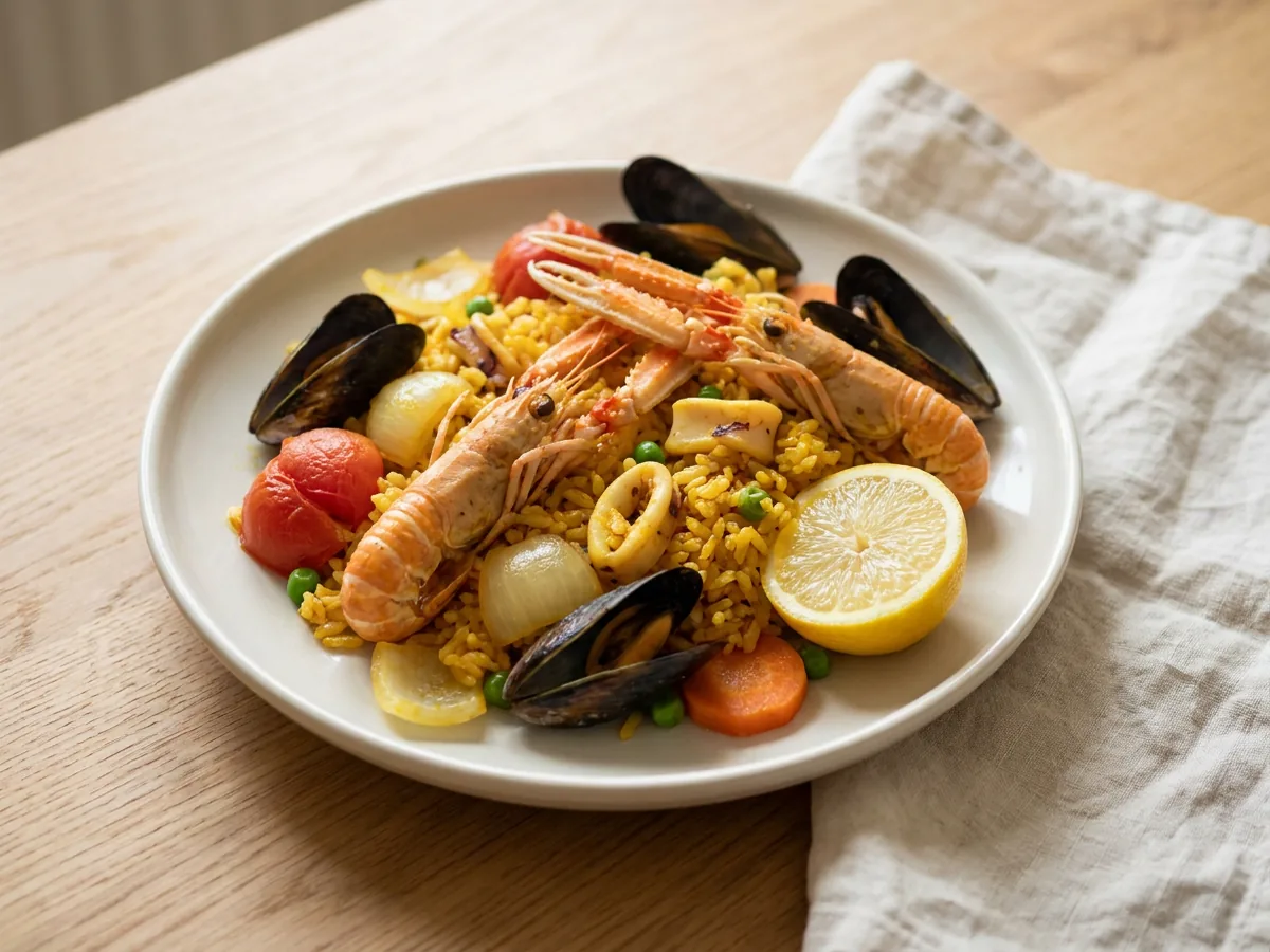 Symbolbild zum Rezept Paella marisco: das fertige Gericht auf einem hellen Teller angerichtet