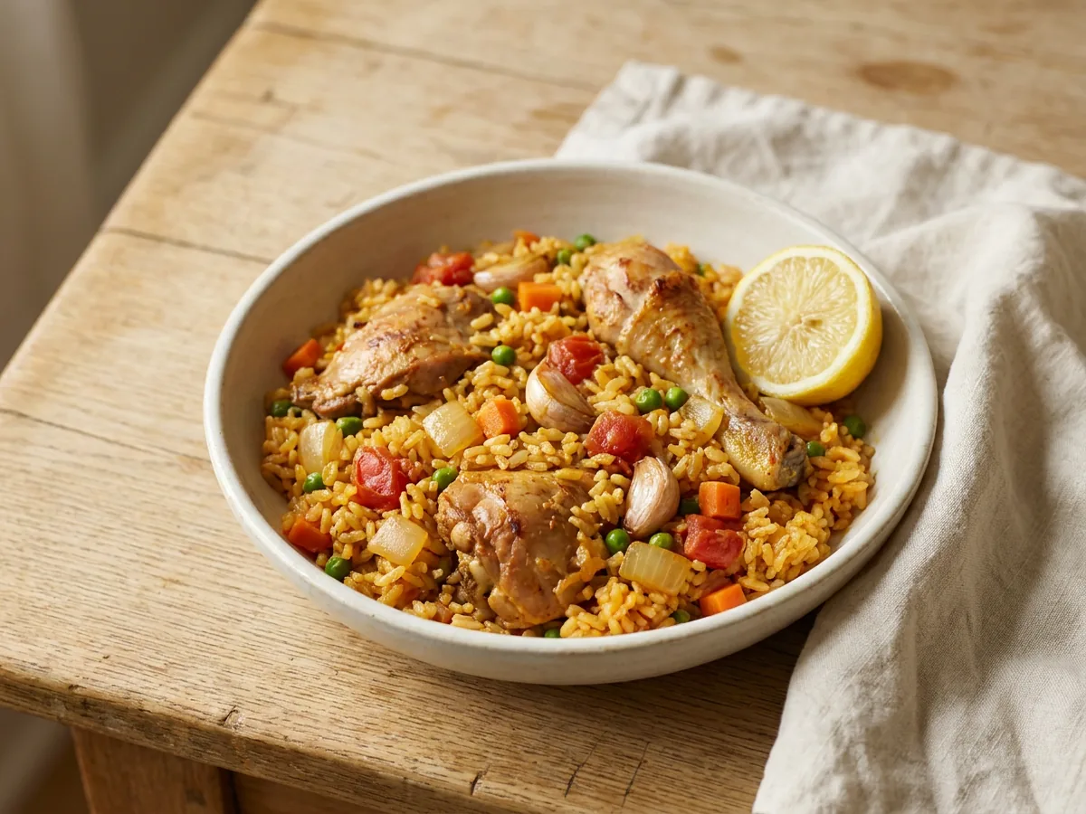 Symbolbild zum Rezept Paella Valenciana: das fertige Gericht auf einem hellen Teller angerichtet