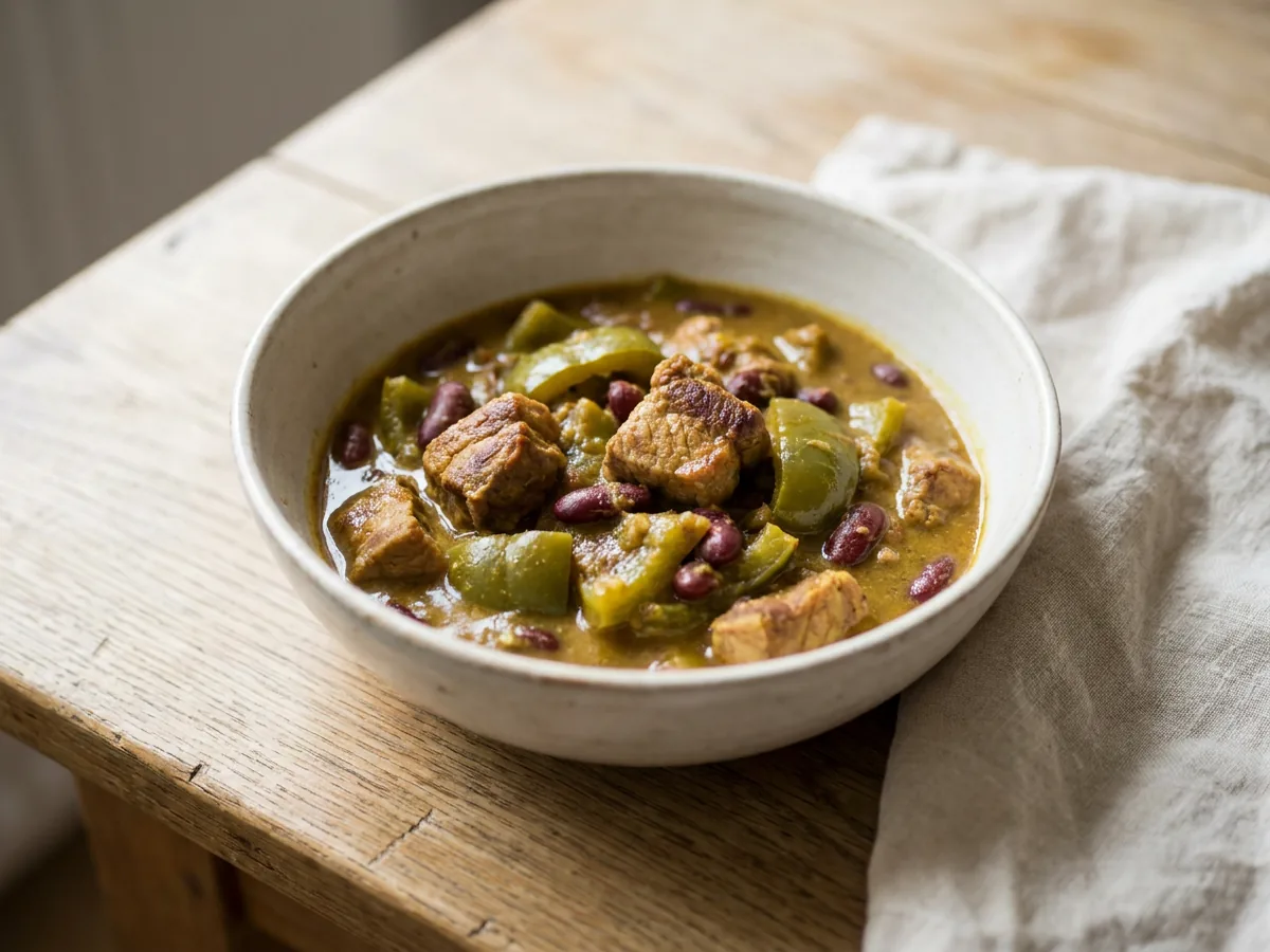 Symbolbild zum Rezept Paprika-Bohnen-Curry: das fertige Gericht auf einem hellen Teller angerichtet
