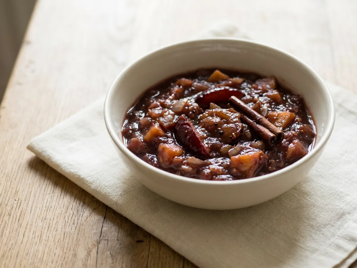Symbolbild zum Rezept Pflaumen-Chutney: das fertige Gericht auf einem hellen Teller angerichtet