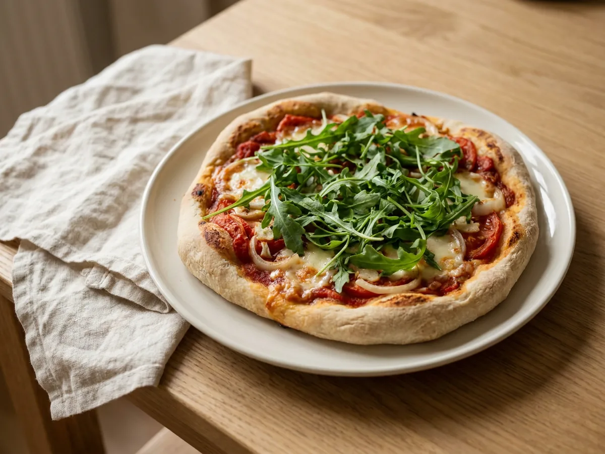 Symbolbild zum Rezept Pizza mit Rukola: das fertige Gericht auf einem hellen Teller angerichtet