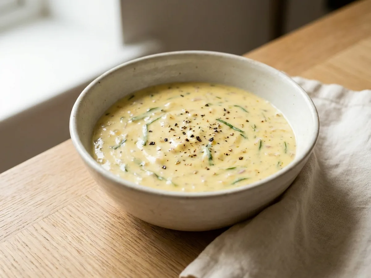 Symbolbild zum Rezept Sauce Bearnaise: das fertige Gericht auf einem hellen Teller angerichtet