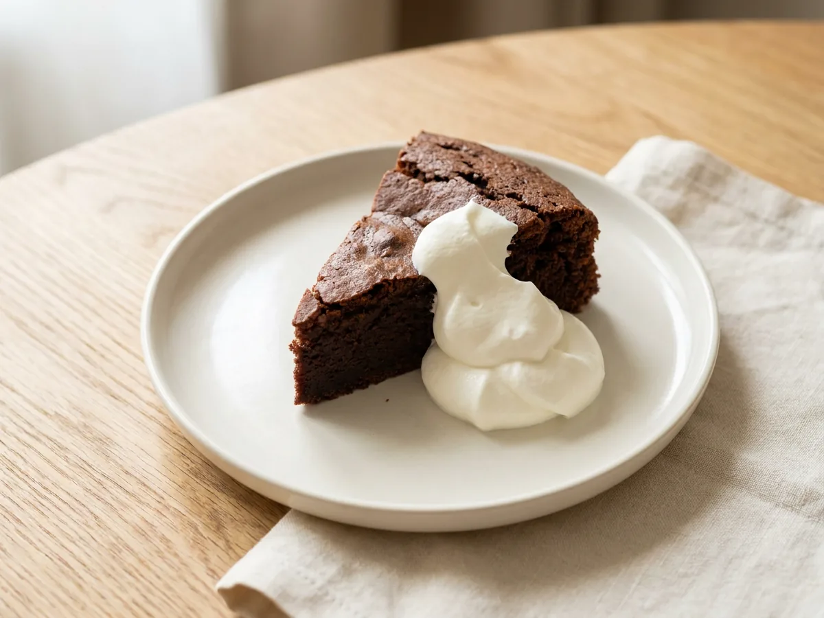 Symbolbild zum Rezept Schokokuchen mit Schlagobers: das fertige Gericht auf einem hellen Teller angerichtet