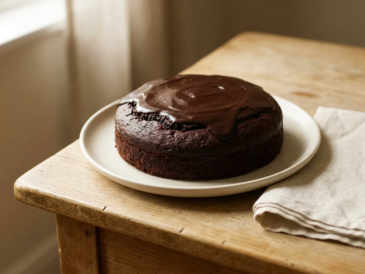 Symbolbild zum Rezept Schokokuchen mit Schokoguß: das fertige Gericht auf einem hellen Teller angerichtet