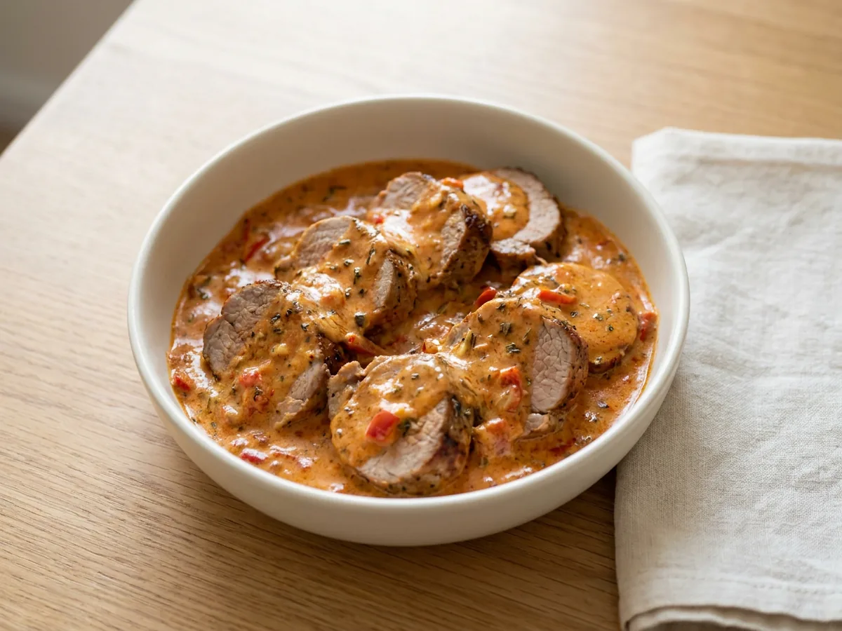 Symbolbild zum Rezept Schweinefilet in Metaxasauce: das fertige Gericht auf einem hellen Teller angerichtet